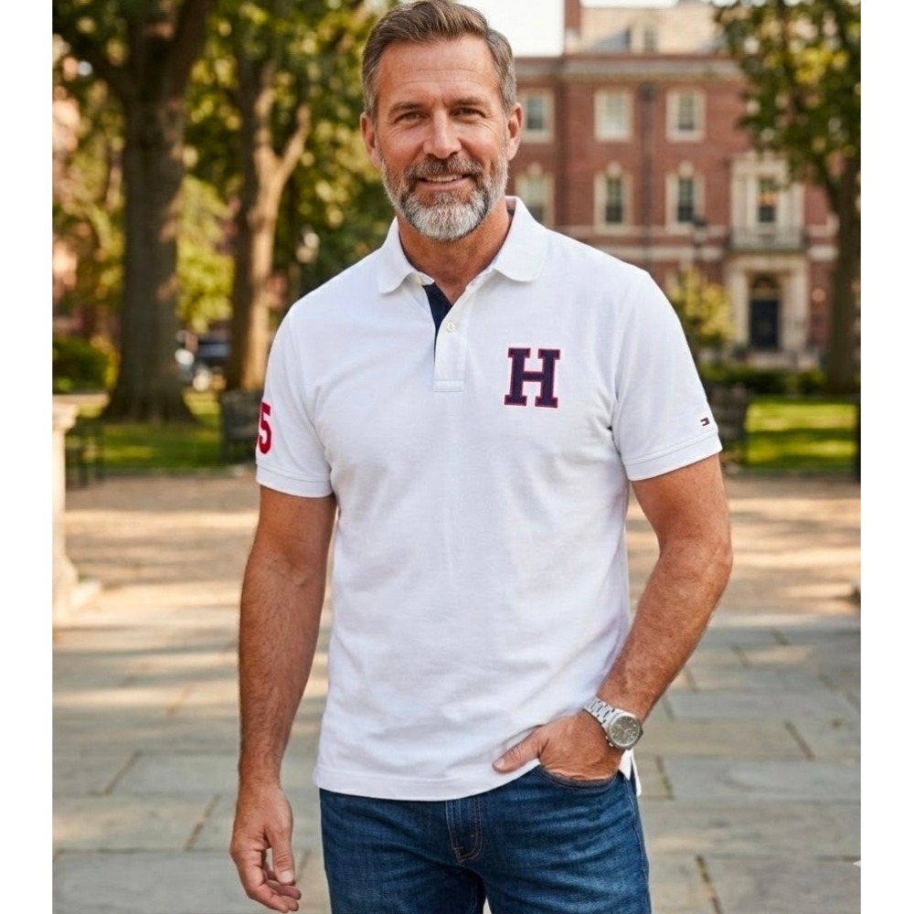 Tommy Hilfiger Men's Custom Fit Polo Shirt White Varsity 85 Logo Large College